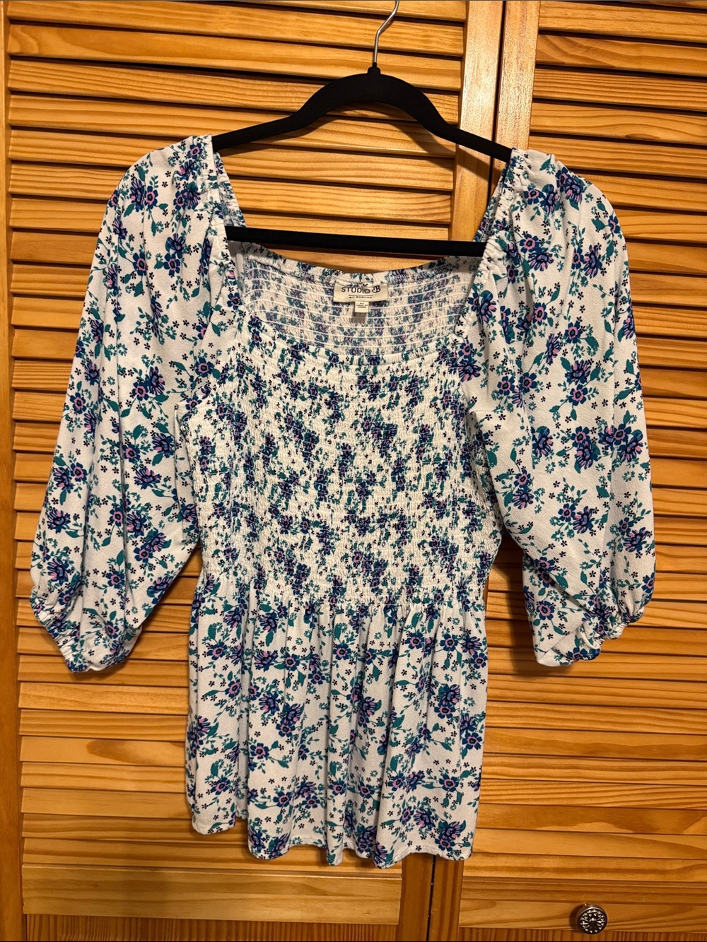 Studio B White Floral Smocked Peasant Blouse with Blue and Purple Flowers